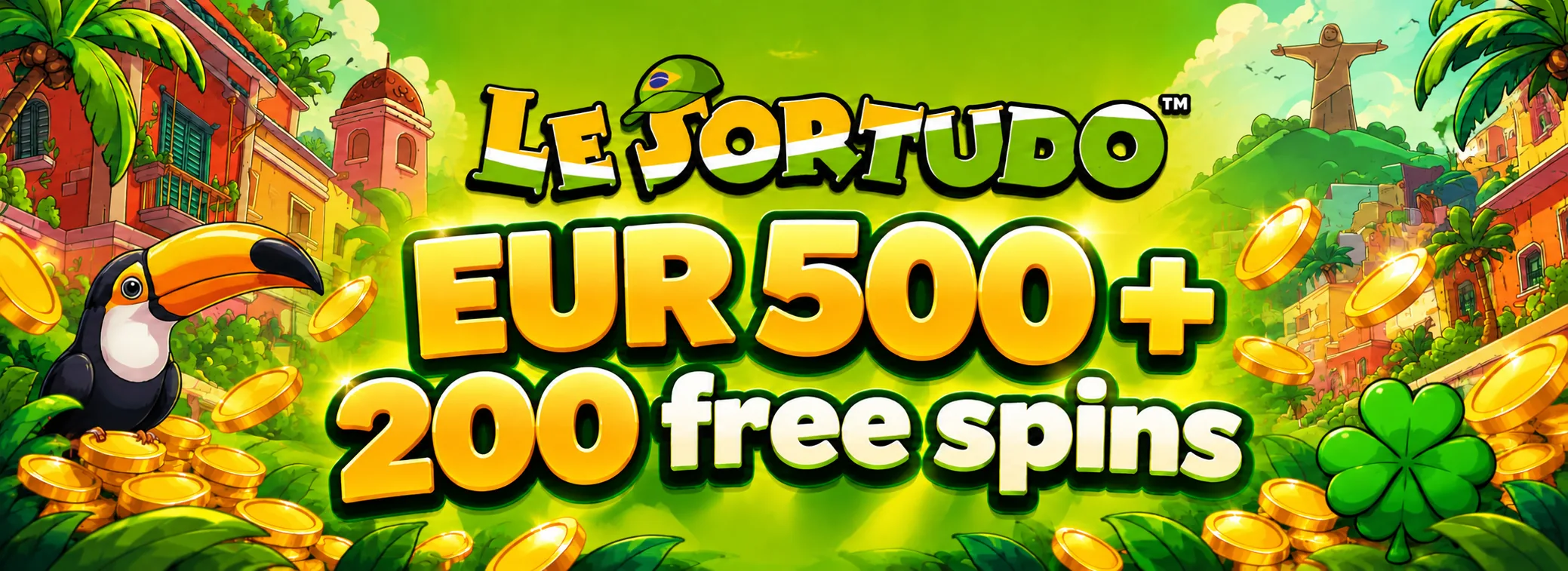 100% up to EUR 500 plus 200 free spins to play Le Sortudo